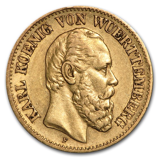 Germany Gold 10 Marks Wuerttemberg Karl Avg Circ (1874-1888) Germany Gold 10 Marks Wuerttemberg Karl Avg Circ (1874-1888)
